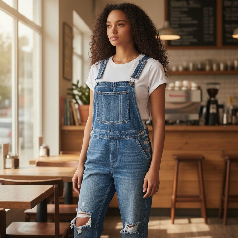 Kancan Los Angeles Distressed Denim Overalls Medium Wash Slim Leg‎ Skinny Medium